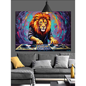 Dj Masasında Aslan Dekoratif Kanvas - Mdf Ahşap Tablo