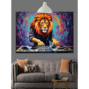 Dj Masasında Aslan Dekoratif Kanvas - Mdf Ahşap Tablo