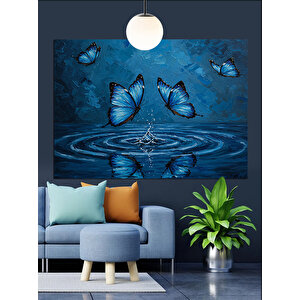 Mavi Kelebekler Su Üstünde Dekoratif Kanvas - Mdf Ahşap Tablo
