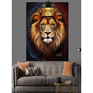 Taçlı Aslan Portre Dekoratif Kanvas - Mdf Ahşap Tablo 70x100 cm