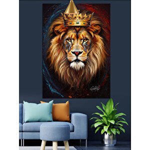 Taçlı Aslan Portre Dekoratif Kanvas - Mdf Ahşap Tablo 70x100 cm