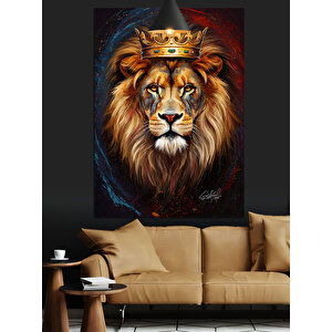 Taçlı Aslan Portre Dekoratif Kanvas - Mdf Ahşap Tablo 70x100 cm