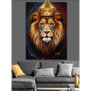 Taçlı Aslan Portre Dekoratif Kanvas - Mdf Ahşap Tablo