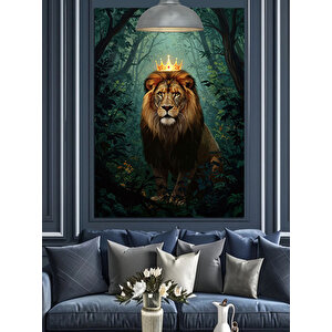 Taçlı Orman Aslanı Dekoratif Kanvas - Mdf Ahşap Tablo