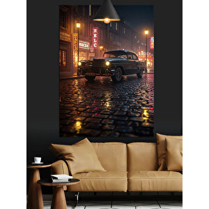 Yağmurlu Gece Ve Araba Dekoratif Kanvas - Mdf Ahşap Tablo 70x100 cm