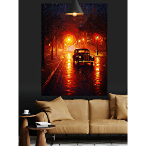 Yağmurlu Gece Araba Dekoratif Kanvas - Mdf Ahşap Tablo 50x70 cm