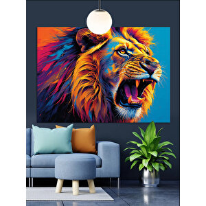 Renkli Yelesiyle Kükreyen Aslan Dekoratif Kanvas - Mdf Ahşap Tablo