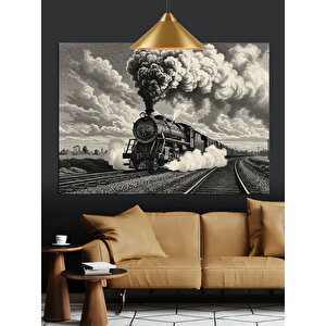 Siyah Beyaz Buharlı Tren Dekoratif Kanvas - Mdf Ahşap Tablo 50x70 cm