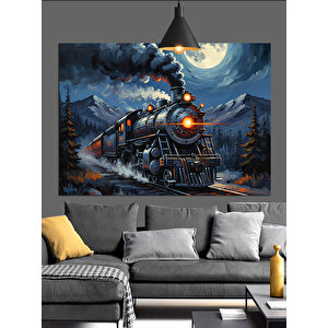 Gece Dağlarda Buharlı Tren Dekoratif Kanvas - Mdf Ahşap Tablo 70x100 cm