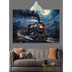Gece Dağlarda Buharlı Tren Dekoratif Kanvas - Mdf Ahşap Tablo 70x100 cm