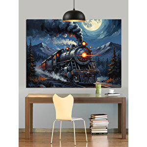 Gece Dağlarda Buharlı Tren Dekoratif Kanvas - Mdf Ahşap Tablo 70x100 cm