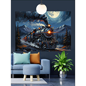 Gece Dağlarda Buharlı Tren Dekoratif Kanvas - Mdf Ahşap Tablo