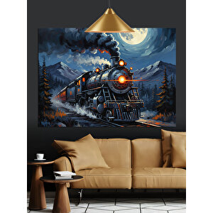 Gece Dağlarda Buharlı Tren Dekoratif Kanvas - Mdf Ahşap Tablo