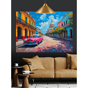 Renkli Sokakta Klasik Araba Dekoratif Kanvas - Mdf Ahşap Tablo 70x100 cm