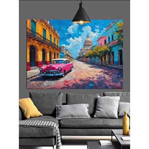 Renkli Sokakta Klasik Araba Dekoratif Kanvas - Mdf Ahşap Tablo 70x100 cm