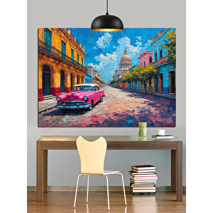Renkli Sokakta Klasik Araba Dekoratif Kanvas - Mdf Ahşap Tablo