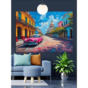 Renkli Sokakta Klasik Araba Dekoratif Kanvas - Mdf Ahşap Tablo