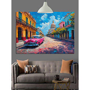 Renkli Sokakta Klasik Araba Dekoratif Kanvas - Mdf Ahşap Tablo 35x50 cm