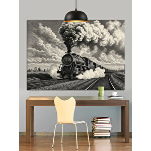 Siyah Beyaz Buharlı Tren Dekoratif Kanvas - Mdf Ahşap Tablo 25x35 cm