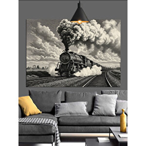 Siyah Beyaz Buharlı Tren Dekoratif Kanvas - Mdf Ahşap Tablo
