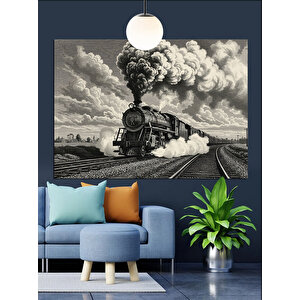 Siyah Beyaz Buharlı Tren Dekoratif Kanvas - Mdf Ahşap Tablo 35x50 cm