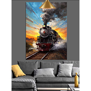 Raylarda Buhar Treni Dekoratif Kanvas - Mdf Ahşap Tablo 70x100 cm