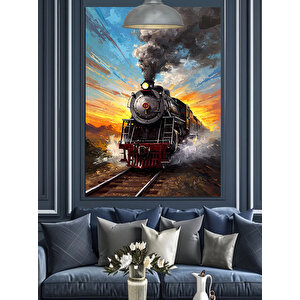 Raylarda Buhar Treni Dekoratif Kanvas - Mdf Ahşap Tablo 70x100 cm