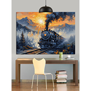 Dağlar Önünde Buharlı Tren Dekoratif Kanvas - Mdf Ahşap Tablo 35x50 cm
