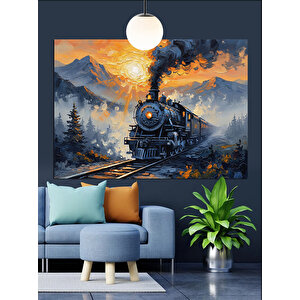 Dağlar Önünde Buharlı Tren Dekoratif Kanvas - Mdf Ahşap Tablo 35x50 cm