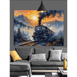 Dağlar Önünde Buharlı Tren Dekoratif Kanvas - Mdf Ahşap Tablo