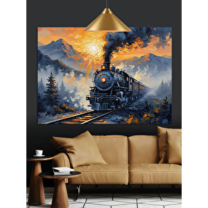 Dağlar Önünde Buharlı Tren Dekoratif Kanvas - Mdf Ahşap Tablo 70x100 cm