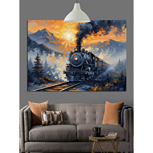 Dağlar Önünde Buharlı Tren Dekoratif Kanvas - Mdf Ahşap Tablo