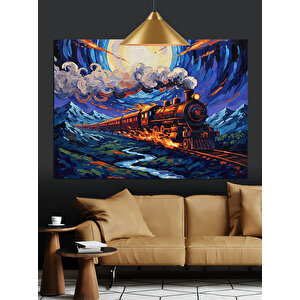 Renkli Gökyüzünde Buharlı Tren Dekoratif Kanvas - Mdf Ahşap Tablo 50x70 cm