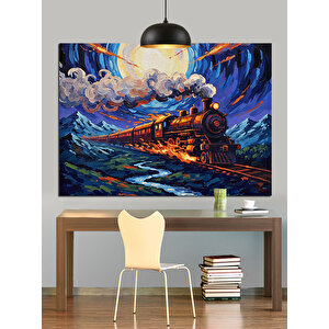 Renkli Gökyüzünde Buharlı Tren Dekoratif Kanvas - Mdf Ahşap Tablo