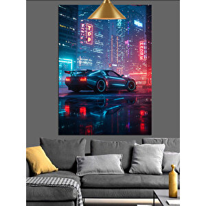 Gece Neon Araba Dekoratif Kanvas - Mdf Ahşap Tablo
