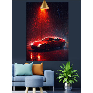 Yağmurda Kırmızı Araba Dekoratif Kanvas - Mdf Ahşap Tablo