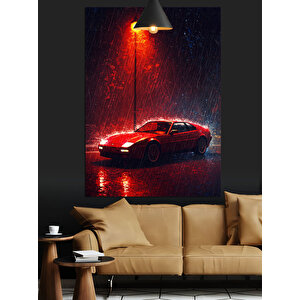 Yağmurda Kırmızı Araba Dekoratif Kanvas - Mdf Ahşap Tablo