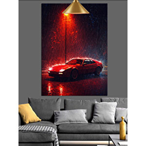 Yağmurda Kırmızı Araba Dekoratif Kanvas - Mdf Ahşap Tablo 50x70 cm