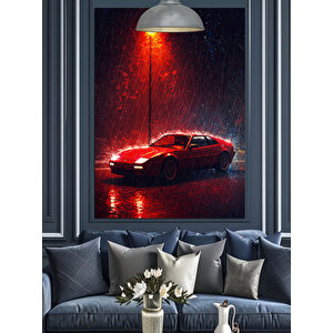 Yağmurda Kırmızı Araba Dekoratif Kanvas - Mdf Ahşap Tablo 50x70 cm