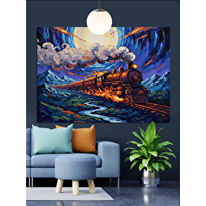 Renkli Gökyüzünde Buharlı Tren Dekoratif Kanvas - Mdf Ahşap Tablo 35x50 cm