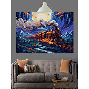 Renkli Gökyüzünde Buharlı Tren Dekoratif Kanvas - Mdf Ahşap Tablo
