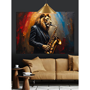 Saksafon Çalan Aslan Dekoratif Kanvas - Mdf Ahşap Tablo 35x50 cm