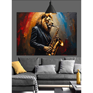 Saksafon Çalan Aslan Dekoratif Kanvas - Mdf Ahşap Tablo 35x50 cm