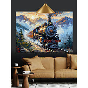 Raylarda İlerleyen Buharlı Tren Dekoratif Kanvas - Mdf Ahşap Tablo