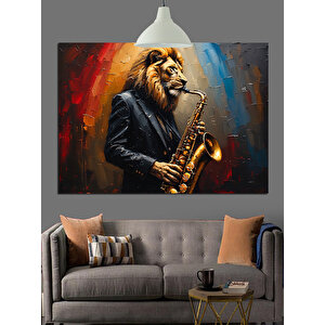 Saksafon Çalan Aslan Dekoratif Kanvas - Mdf Ahşap Tablo 70x100 cm