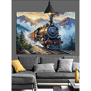 Raylarda İlerleyen Buharlı Tren Dekoratif Kanvas - Mdf Ahşap Tablo 35x50 cm