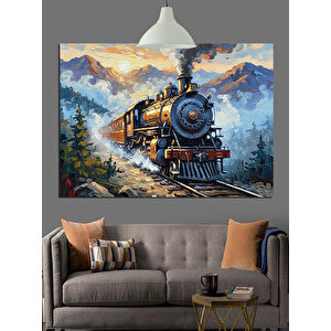 Raylarda İlerleyen Buharlı Tren Dekoratif Kanvas - Mdf Ahşap Tablo 35x50 cm