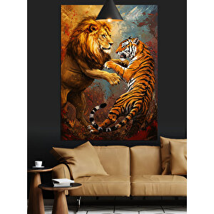 Kaplanla Dövüşen Aslan Dekoratif Kanvas - Mdf Ahşap Tablo 70x100 cm