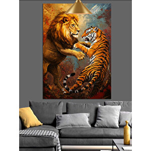 Kaplanla Dövüşen Aslan Dekoratif Kanvas - Mdf Ahşap Tablo 70x100 cm
