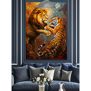 Kaplanla Dövüşen Aslan Dekoratif Kanvas - Mdf Ahşap Tablo 70x100 cm